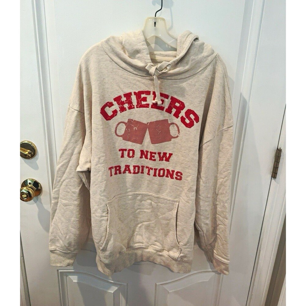 Offline by Aerie Womens L Oversized Fleece Graphic Hoodie Pockets Beige Red